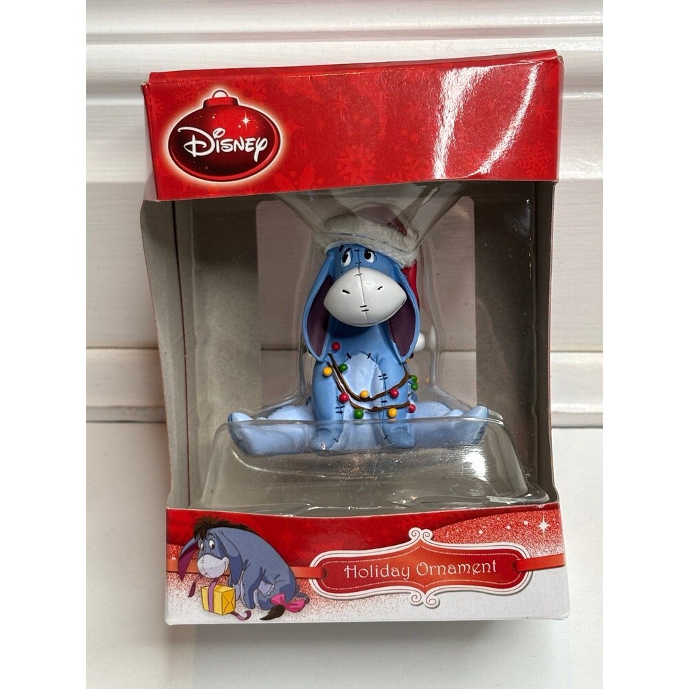 Disney EEYORE Rare Hallmark Ornament + Box Sitting Wearing Santa Hat Tangled Lig